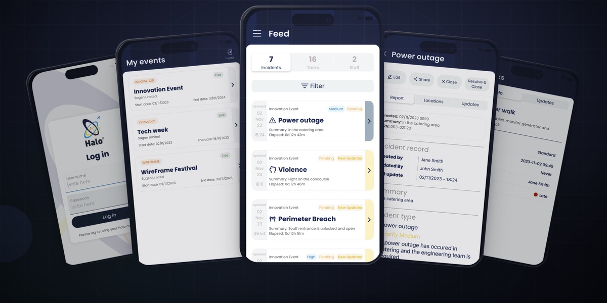 Halo System incident reporting and task command app screens