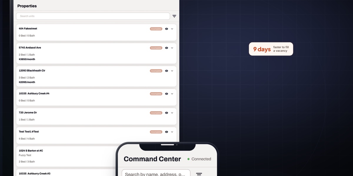 RentEngine property list and command centre screens